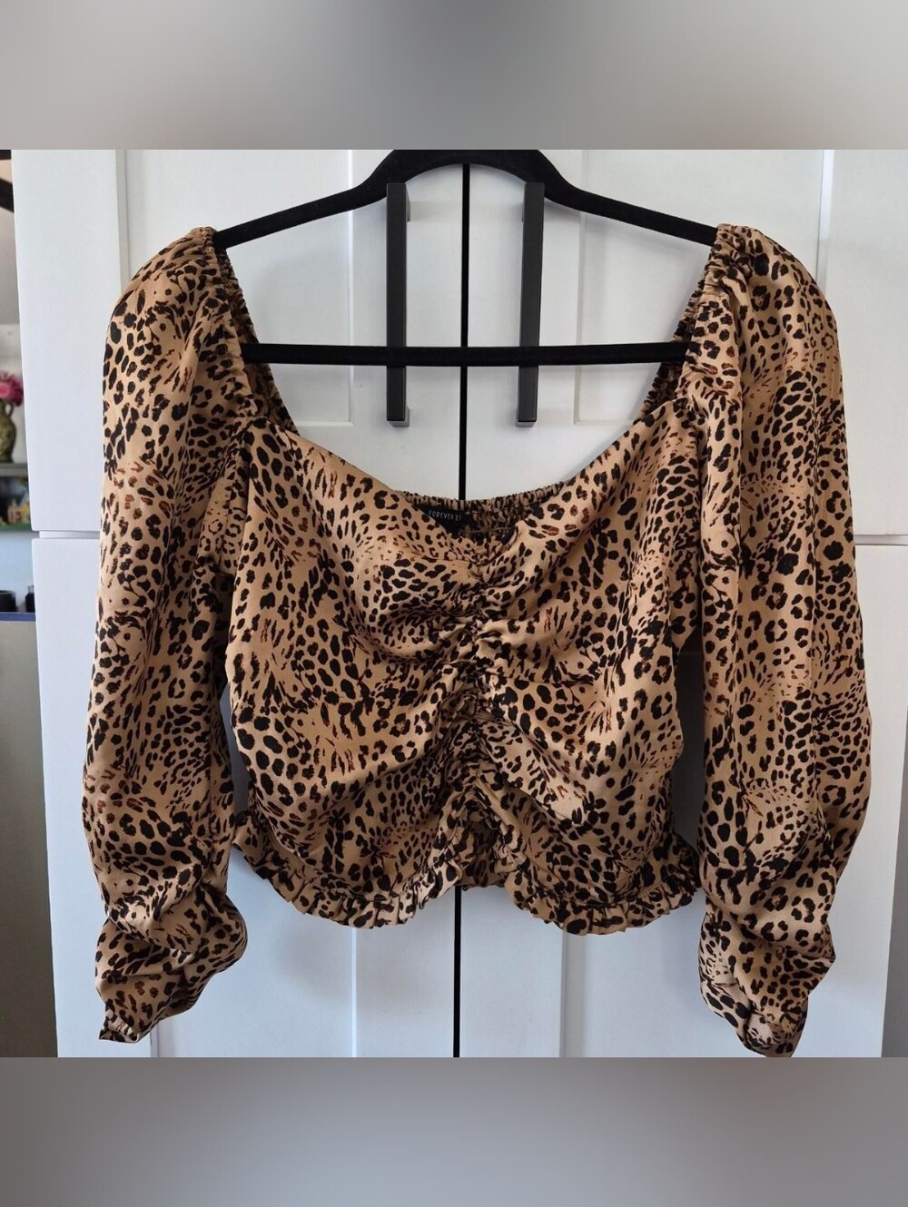 Ruched Leopard Print Crop Top in Tan and Black